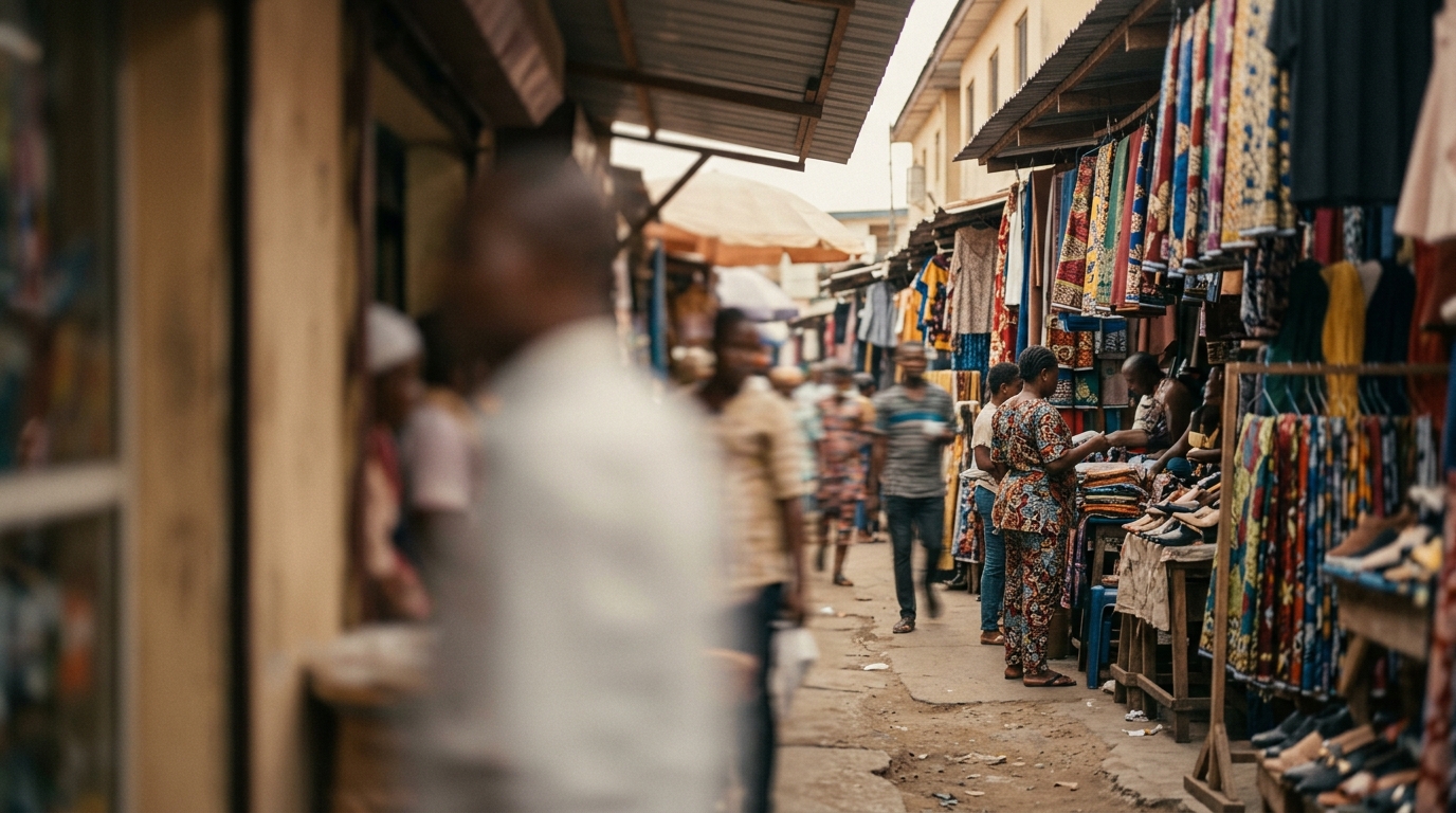 Lagos clothing merchant market backdrop